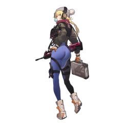 Rule 34 | 1girl, ass, assault rifle, beanie, blonde hair, blue eyes, blue leggings, bodysuit, bodysuit under clothes, boots, braid, briefcase, blowing bubbles, bullpup, chewing gum, dimples of venus, from behind, full body, gebijiade 89, girls&#039; frontline, gloves, gun, hand on own hip, hat, headphones, holster, huge ass, jacket, leggings, long hair, looking back, official alternate costume, official art, orange gloves, rifle, single braid, solo, standing, thigh holster, transparent background, vest, vhs-d2, vhs (girls&#039; frontline), vhs (keeper on page 8) (girls&#039; frontline), weapon