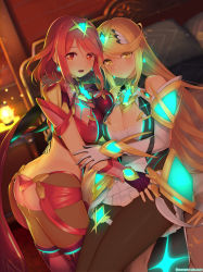 Rule 34 | 2girls, absurdres, black gloves, blonde hair, bob cut, breasts, chest jewel, cleavage, cleavage cutout, clothing cutout, dress, earrings, fingerless gloves, gloves, highres, jewelry, kashiwamochi yomogi, large breasts, long hair, multiple girls, mythra (massive melee) (xenoblade), mythra (xenoblade), pantyhose, pantyhose under shorts, pyra (xenoblade), red eyes, red hair, red shorts, short dress, short hair, short shorts, shorts, swept bangs, thigh strap, thighhighs, tiara, very long hair, white dress, xenoblade chronicles (series), xenoblade chronicles 2, yellow eyes