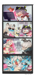 Rule 34 | 1boy, 2girls, 4koma, ^^^, ^ ^, ^q^, animal, animal ears, arknights, beret, bird, black gloves, breasts, broken glass, brother and sister, circlet, cleavage, comic, deepcolor (arknights), fur trim, glass, glasses, gloves, glowing, glowing eyes, grey hair, grin, hat, highres, long hair, manga (object), mask, multiple girls, nemo (leafnight), nipples, octopus, pramanix (arknights), scarf, siblings, silent comic, silverash (arknights), sitting, smile, sparkle, sunglasses, table, tenzin (arknights), torn clothes