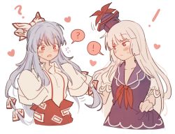 Rule 34 | !, 2girls, :/, :d, ?, blue dress, blue headwear, blunt bangs, blush, bow, breasts, closed mouth, collarbone, cropped torso, dress, fujiwara no mokou, hair bow, hat, heart, holding, holding clothes, holding skirt, jitome, kamishirasawa keine, long hair, looking at another, medium breasts, multiple girls, open mouth, pants, pinafore dress, puffy short sleeves, puffy sleeves, rbfnrbf (mandarin), red eyes, red neckwear, red pants, shirt, short sleeves, silver hair, simple background, skirt, sleeveless dress, sleeves past fingers, sleeves past wrists, smile, spoken exclamation mark, spoken question mark, sweat, touhou, upper body, v-shaped eyebrows, white background, white bow, white shirt
