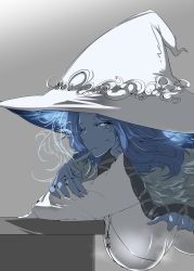 Rule 34 | 1girl, alternate breast size, blue eyes, blue hair, blue skin, breasts, cloak, closed mouth, colored skin, elden ring, extra arms, fur cloak, gradient background, grey background, hanging breasts, hat, highres, large breasts, long sleeves, one eye closed, qianbi he, ranni the witch, short hair, upper body, white headwear, witch, witch hat