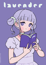 Rule 34 | 1girl, book, choker, closed mouth, commentary, dated, double bun, dress, hair bun, hands up, highres, holding, holding book, nail polish, neki (wakiko), original, puffy short sleeves, puffy sleeves, purple background, purple dress, purple eyes, purple hair, purple nails, short sleeves, sidelocks, simple background, smile, solo, twitter username, upper body, white choker
