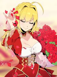 Rule 34 | &gt;:), 10s, 1girl, ahoge, blonde hair, bouquet, breasts, cleavage, closed mouth, commentary, dress, epaulettes, closed eyes, fate/extra, fate (series), flower, hair intakes, holding, holding bouquet, koshiro itsuki, meme, nero claudius (fate), nero claudius (fate), nero claudius (fate/extra), parody, petals, red dress, red flower, red rose, rose, salt bae (meme), short hair, solo, sparkle, v-shaped eyebrows