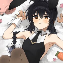 1other androgynous animal_ears black_hair black_leotard black_necktie blush braid braided_ponytail carrot fake_animal_ears fate/grand_order fate/samurai_remnant fate_(series) hair_intakes highres leotard looking_at_viewer lying necktie on_back orange_eyes other_focus pantyhose pig playboy_bunny rabbit_ears sidelocks single_braid solo wrist_cuffs yamabuki_otk yamato_takeru_(fate)