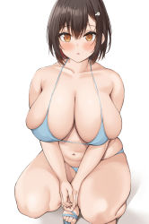 Rule 34 | 1girl, absurdres, bikini, blue bikini, blue footwear, blush, breasts, brown eyes, brown hair, cleavage, collarbone, hair ornament, hairclip, highres, large breasts, looking at viewer, navel, neneneji, original, own hands together, parted lips, plump, sandals, short hair, simple background, solo, squatting, swimsuit, thighs, white background
