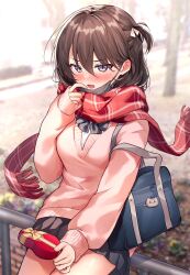 Rule 34 | 1girl, absurdres, bag, black skirt, blurry, blurry background, blush, bow, box, breasts, brown hair, commentary request, day, depth of field, fringe trim, gift, gift box, grey bow, grey eyes, gyozanuko, hair between eyes, heart-shaped box, highres, holding, holding gift, long sleeves, one side up, open mouth, original, outdoors, pink sweater, pleated skirt, puffy long sleeves, puffy sleeves, red scarf, scarf, school bag, school uniform, shirt, skirt, sleeves past wrists, small breasts, solo, sweater, tree, white shirt