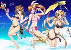 3girls adapted_weapon adversarial_noise animal_ears bardiche_(nanoha) barefoot between_thighs bikini black_bikini blonde_hair blue_bikini blue_eyes blue_sky breasts brown_hair cat_ears cat_tail cleavage cloud commentary_request contrail fate_testarossa food frilled_bikini frills gradient_sky large_breasts long_hair low_ponytail lyrical_nanoha mahou_senki_lyrical_nanoha_force medium_breasts medium_hair multi-strapped_bikini_bottom multiple_girls navel panties ponytail popsicle rabbit_ears rabbit_tail raccoon_ears raccoon_tail raising_heart red_eyes san-pon schwertkreuz side-tie_panties sky smile staff standing swimsuit tail takamachi_nanoha underwear v watermelon_bar white_bikini yagami_hayate