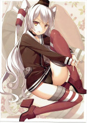 Rule 34 | 10s, 1girl, amatsukaze (kancolle), black panties, brown eyes, choker, dress, hairband, hat, high heels, highres, hugging own legs, kantai collection, kikuchi seiji, long hair, long sleeves, looking at viewer, mini hat, open mouth, panties, red thighhighs, sailor dress, scan, silver hair, sitting, sleeves past wrists, solo, thighhighs, two side up, underwear, very long hair, zoom layer