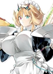 Rule 34 | 1girl, apron, barghest (fate), barghest (swimsuit archer) (fate), black dress, blonde hair, breasts, collared dress, dress, fate/grand order, fate (series), food, gloves, green eyes, heterochromia, highres, horns, huge breasts, kino kokko, long sleeves, looking at viewer, maid, maid headdress, medium hair, omelet, open mouth, oversized food, oversized object, plate, red eyes, sandwich, solo, white apron, white gloves