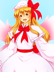 Rule 34 | 1girl, blonde hair, blue sky, blush, bow, bowtie, brown eyes, capelet, dress, fairy wings, hair bow, happy, hat, highres, kakone, lily white, lips, lipstick, long hair, long sleeves, makeup, open mouth, parted lips, pink dress, red bow, sash, sidelocks, sky, smile, solo, teeth, touhou, white hat, wide sleeves, wings