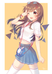 Rule 34 | 1girl, animal print, arm up, between breasts, blue skirt, border, breasts, brown eyes, brown hair, casual, clenched hand, cowboy shot, d.va (overwatch), egg (rxlal), eyewear on head, facepaint, facial mark, headphones, long hair, midriff, miniskirt, one eye closed, open mouth, overwatch, overwatch 1, pleated skirt, rabbit print, shirt, short sleeves, signature, skirt, small breasts, smile, solo, strap between breasts, sunglasses, thighhighs, triangle, walking, whisker markings, white border, white shirt, white thighhighs, wristband, yellow background
