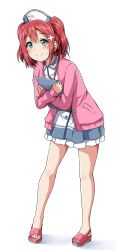 Rule 34 | 10s, 1girl, aqua eyes, blush, cardigan, clipboard, dress, full body, hair ornament, hat, highres, holding, kurosawa ruby, leaning forward, long sleeves, looking at viewer, love live!, love live! sunshine!!, no legwear, nurse, nurse cap, pigeon-toed, pink sweater, red hair, sandals, simple background, smile, solo, standing, sweater, toes, two side up, white background, x hair ornament, yopparai oni