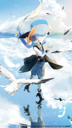 Rule 34 | 1boy, ankle boots, belt, bird, black footwear, black hat, blouse, blue eyes, blue hair, blue scarf, blue shorts, blue sky, blue theme, boots, brown belt, cloud, cloudy sky, copyright notice, cross-laced clothes, cross-laced shorts, crypton future media, cumulonimbus cloud, daisy, day, feathers, flower, fringe trim, full body, grey pantyhose, harp, hat, high heel boots, high heels, highres, holding, holding instrument, horizon, instrument, kaito (vocaloid), light particles, looking back, male focus, outdoors, pantyhose, piapro, plant, puffy shorts, reflection, ripples, scarf, scenery, seagull, shirt, shorts, sky, sparkle, standing, standing on liquid, standing on one leg, suyako (suya93), unworn hat, unworn headwear, vines, vocaloid, water, white feathers, white flower, white shirt, witch hat