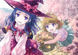 Rule 34 | 2girls, :d, asahina mirai, blonde hair, blue skirt, bow, broom, broom riding, cherry blossoms, hat, hat bow, izayoi liko, long hair, mahou girls precure!, multiple girls, open mouth, pink footwear, plaid, plaid bow, precure, purple eyes, purple hair, red hat, red skirt, riko (mahou girls precure!), shirt, shoes, short hair, skirt, smile, tree, white shirt, witch hat, yakka