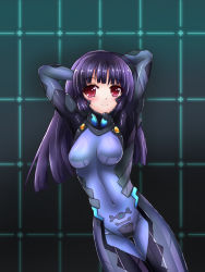 Rule 34 | 1girl, bodysuit, character request, highres, hime cut, long hair, muv-luv, pilot suit, red eyes, skin tight, solo, takahiiro
