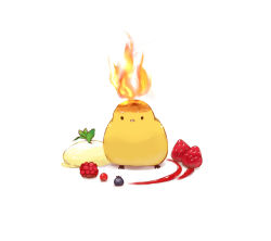Rule 34 | 1other, bird, blueberry, burning, chai (drawingchisanne), commentary request, cream, dessert, food, fruit, looking at viewer, mint, original, raspberry, simple background, strawberry, white background