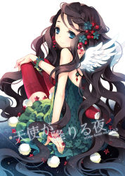 Rule 34 | 1girl, angel wings, blue eyes, bracelet, brown hair, choker, dress, flower, from behind, green dress, hair ornament, holly, holly hair ornament, jewelry, light smile, long hair, looking back, nail polish, necklace, original, red thighhighs, ring, sitting, solo, sparkle, tearfish, thighhighs, very long hair, wings
