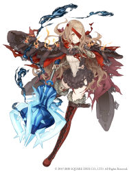 Rule 34 | 1girl, absurdres, bandages, bandages, belt, belt buckle, blonde hair, blood, bloody bandages, boots, buckle, cloak, cross-laced footwear, deep wound, eyepatch, frills, full body, fur trim, grin, highres, injury, ji no, red riding hood (sinoalice), looking at viewer, mace, official art, orange eyes, sinoalice, smile, solo, square enix, thigh boots, thighhighs, torn clothes, weapon, white background