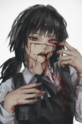 Rule 34 | 1girl, artist logo, artist name, black hair, blood, blood from mouth, blood on clothes, blood on face, blood on hands, chainsaw man, cross scar, dated, dress, facial scar, fourth east high school uniform, highres, long hair, looking at viewer, low twintails, mitaka asa, open mouth, pinafore dress, red eyes, ringed eyes, scar, scar on cheek, scar on face, school uniform, simple background, sleeveless, sleeveless dress, solo, taorotana, twintails, white background, yoru (chainsaw man)