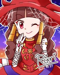 Rule 34 | 1girl, archnemon, archnemon (cosplay), brown hair, cosplay, digimon, digimon ghost game, halloween, halloween costume, long hair, one eye closed, pink eyes, solo, tsukiyono ruli, very long hair, wink
