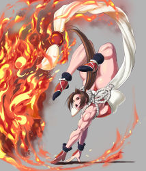 Rule 34 | 1girl, ass, breasts, brown eyes, brown hair, fatal fury, fire, large breasts, long hair, muscular, muscular female, pelvic curtain, shiranui mai, shopyun, sideboob, sleeveless, the king of fighters, thong