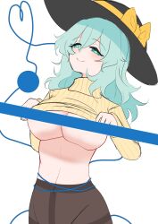 Rule 34 | 1girl, absurdres, bad id, bad twitter id, black hat, blush, bow, breasts, bright pupils, censored, closed mouth, clothes lift, cowboy shot, green eyes, green hair, hair between eyes, hat, hat bow, highres, komeiji koishi, large breasts, lifting own clothes, long sleeves, medium hair, shirt, simple background, smile, solo, touhou, underboob, white background, white pupils, xen0moonz, yellow bow, yellow shirt