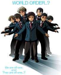 Rule 34 | 6+boys, ^ ^, black hair, blazer, blonde hair, brown hair, closed eyes, computer club president (suzumiya haruhi), dress shirt, fujiwara (suzumiya haruhi), glasses, jacket, kandanchi, koizumi itsuki, kunikida (suzumiya haruhi), kyon, male focus, multiple boys, necktie, parody, shirt, smile, student council president (suzumiya haruhi), suzumiya haruhi no yuuutsu, taniguchi (suzumiya haruhi)