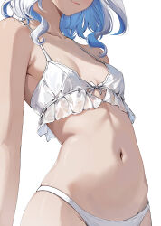 Rule 34 | 1girl, absurdres, armpit crease, blue hair, bra, breasts, colored inner hair, front-tie top, furina (genshin impact), genshin impact, grey hair, head out of frame, highres, light blue hair, lingerie, mirei-yume, multicolored hair, navel, panties, simple background, small breasts, solo, stomach, underwear, upper body, white background, white bra, white panties