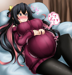 Rule 34 | 1girl, black hair, black pantyhose, blush, breasts, brown eyes, commentary request, heart, highres, kantai collection, large breasts, long hair, lying, motion lines, multicolored hair, naganami (kancolle), off-shoulder, off-shoulder sweater, off shoulder, on back, on bed, pantyhose, pillow, pink hair, pregnant, purple sweater, ribbed sweater, solo, speech bubble, sweater, translation request, yutanpo-2