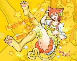 Rule 34 | 1girl, ;), absurdres, animal ears, animal print, arcadia gwsns, artist name, artist request, bare legs, blush, breasts, cat ears, cat print, cat tail, clenched hands, collarbone, cosplay, female focus, flower, full body, green eyes, hair between eyes, hair flower, hair ornament, highres, hoshizora rin, leg up, looking at viewer, love live!, love live! school idol project, one eye closed, orange hair, orange skirt, parted lips, paw pose, puffy short sleeves, puffy sleeves, scrunchie, shirt, short hair, short sleeves, skirt, small breasts, smile, solo, tail, white shirt, white skirt, wrist scrunchie, yellow background, yellow eyes, yellow flower