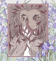 Rule 34 | 2boys, blonde hair, border, brothers, closed mouth, colored tips, commentary request, face-to-face, floral background, flower, forked eyebrows, highres, kimetsu no yaiba, long hair, looking at another, male focus, meremero, multicolored hair, multiple boys, purple flower, red hair, rengoku kyoujurou, rengoku senjurou, siblings, smile, upper body