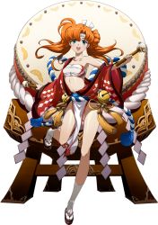 Rule 34 | 1girl, :d, bare legs, blue eyes, breasts, collarbone, floating hair, full body, hair intakes, highres, holding, langrisser, langrisser iii, long hair, midriff, navel, official art, open mouth, orange hair, sarashi, shiny skin, small breasts, smile, solo, standing, standing on one leg, stomach, tabi, tiaris (langrisser), transparent background, twintails, white legwear