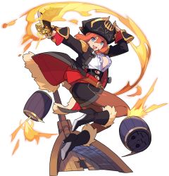 Rule 34 | 1girl, adjusting clothes, adjusting headwear, arms up, artist request, barrel, belt, black coat, black footwear, black hat, black skirt, blue eyes, bomb, boots, bouncing breasts, breasts, brown pantyhose, coat, collared shirt, cutlass, epaulettes, explosive, female focus, fire, frilled shirt, frills, from side, full body, fur-trimmed coat, fur-trimmed footwear, fur trim, fuse, happy, hat, high-waist skirt, highres, holding, holding sword, holding weapon, jumping, legs up, long sleeves, looking at viewer, marina (world flipper), medium breasts, medium hair, miniskirt, no bra, non-web source, official art, open clothes, open coat, open mouth, open shirt, orange hair, outstretched arm, pantyhose, pencil skirt, pirate, pirate hat, sash, shiny clothes, ship, shirt, side slit, simple background, skirt, smile, solo, sword, teeth, transparent background, two-sided coat, two-sided fabric, v-shaped eyebrows, watercraft, weapon, white shirt, world flipper