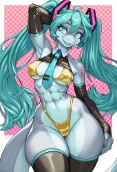 Rule 34 | 1girl, abs, absurdres, ahoge, aqua eyes, aqua hair, aqua necktie, arm at side, arm behind head, arm tattoo, armpits, bikini, black sleeves, black thighhighs, blue pupils, borrowed design, breasts, cameltoe, colored skin, commentary, covered erect nipples, deltoids, detached collar, detached sleeves, english commentary, eyeshadow, fins, fish tail, furrification, furry, furry female, gold bikini, grey eyeshadow, grey skin, grin, hair between eyes, hatsune miku, highleg, highleg bikini, highres, long hair, long tail, looking at viewer, makeup, medium breasts, micro bikini, necktie, necozuki, shark girl, shark tail, sharp teeth, smile, snout, solo, swimsuit, tail, tattoo, teeth, thick thighs, thighhighs, thighs, tie clip, toned, twintails, underboob, very long hair, vocaloid, wide hips