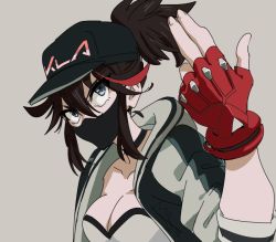 Rule 34 | 1girl, akali, bad id, bad twitter id, baseball cap, black choker, black hat, black jacket, breasts, brown hair, choker, cleavage, collarbone, cosplay, eyes visible through hair, female focus, fingerless gloves, gloves, grey background, grey eyes, grey jacket, gyosone, hair between eyes, half mask, hand up, hat, jacket, k/da (league of legends), k/da (league of legends) (cosplay), k/da akali, k/da akali (cosplay), kill la kill, league of legends, mask, matoi ryuuko, medium breasts, multicolored clothes, multicolored hair, multicolored jacket, neck, open clothes, open jacket, ponytail, red gloves, red hair, serious, short hair, simple background, sleeves rolled up, solo, strapless, two-tone hair, upper body