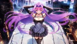 Rule 34 | 1girl, :o, alternate costume, aoi777, armpits, arms up, bare shoulders, black dress, black sleeves, black thighhighs, blush, breasts, building, chain, city, cleavage, collar, commentary, detached sleeves, dress, fate/grand order, fate/stay night, fate (series), floating hair, hair intakes, headband, highres, long hair, looking at viewer, medium breasts, medusa (fate), medusa (rider) (fate), pink headband, purple eyes, purple hair, solo, thighhighs, very long hair
