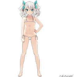 Rule 34 | 1girl, baba arumi, bare shoulders, barefoot, bikini, blue eyes, blush, clenched hand, collarbone, flat chest, full body, halterneck, hand on own hip, looking at viewer, micro bikini, navel, pointy ears, simple background, solo, standing, swimsuit, twintails, white background, white bikini, white hair