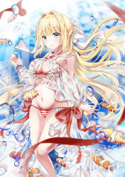 Rule 34 | 1girl, absurdres, animal, aqua eyes, bare legs, bare shoulders, bead bracelet, beads, bikini, blonde hair, blurry, blurry background, blush, bracelet, braid, breasts, cleavage, closed mouth, clownfish, commentary request, criss-cross halter, day, depth of field, fate/grand order, fate (series), fish, floating hair, freediving, french braid, green eyes, groin, hair intakes, hair ribbon, halterneck, hand up, highres, jewelry, leg up, light rays, long hair, looking at viewer, looking away, medium breasts, mutang, navel, nero claudius (fate), nero claudius (fate) (all), nero claudius (swimsuit caster) (fate), nero claudius (swimsuit caster) (third ascension) (fate), outdoors, red bikini, red ribbon, ribbon, see-through, side-tie bikini bottom, sidelocks, smile, solo, stomach, striped bikini, striped clothes, swimsuit, thighs, underwater, very long hair, water, white ribbon