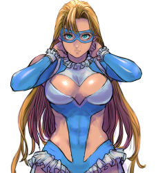 Rule 34 | 1girl, 6maker, absurdres, aqua eyes, bare shoulders, blonde hair, blue leotard, breasts, cleavage, closed mouth, clothing cutout, commentary request, frills, hair down, hands up, highres, large breasts, leotard, lips, long hair, looking at viewer, mask, muscular, muscular female, rainbow mika, simple background, solo, street fighter, street fighter zero (series), upper body, white background, wrestling outfit