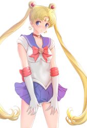 Rule 34 | 1girl, bishoujo senshi sailor moon, blonde hair, blue eyes, blue sailor collar, blue skirt, bow, choker, circlet, crescent, crescent earrings, earrings, elbow gloves, gloves, gluteal fold, highres, jewelry, long hair, looking to the side, miniskirt, pleated skirt, red bow, sailor collar, sailor moon, see-through, skirt, solo, sonota taisei, tsukino usagi, twintails, very long hair, white background, white gloves