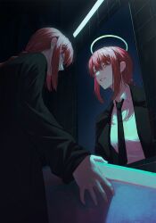 Rule 34 | 1girl, absurdres, black jacket, black necktie, black pants, braid, braided ponytail, business suit, chainsaw man, collared shirt, commentary, dark, different reflection, formal, halo, highres, jacket, long sleeves, looking at another, looking at mirror, looking at viewer, makima (chainsaw man), medium hair, mirror, necktie, nunsori, pants, red hair, reflection, shirt, shirt tucked in, sidelocks, sink, suit, suit jacket, tile wall, tiles, white shirt, yellow eyes