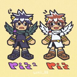 2boys ancient_greek_clothes angel angel_wings artist_request awesome_face belt black_footwear blue_hair blush_stickers bracer brown_belt brown_footwear character_name chibi chiton dark_blue_hair dark_pit flying_sweatdrops frown greco-roman_clothes grey_wings highres kid_icarus kid_icarus_uprising looking_at_another multiple_boys nintendo no_nose non-web_source pit_(kid_icarus) sidelocks toon_(style) upturned_eyes white_wings wings