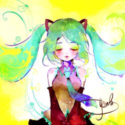 Rule 34 | 1girl, aqua hair, bare shoulders, blush, detached sleeves, eyelashes, closed eyes, eyeshadow, hatsune miku, lowres, makeup, necktie, pink lips, puckered lips, signature, solo, twintails, v arms, vocaloid, yellow background, yonyon (wedding83)