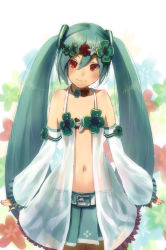 Rule 34 | 1girl, aqua hair, bad id, bad pixiv id, bare shoulders, clover, detached sleeves, flat chest, four-leaf clover, hatsune miku, hisagi hotaru, long hair, project diva (series), project diva 2nd, red eyes, see-through, solo, twintails, very long hair, vocaloid