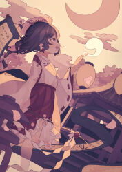 Rule 34 | 1girl, cloud, commentary request, crescent moon, earrings, from side, gohei, holding, japanese clothes, jewelry, lantern, miko, moon, moonlight&#039;s anti-soul (touhou), open mouth, orb, outdoors, portrait of exotic girls, red skirt, ribbon-trimmed sleeves, ribbon trim, scroll, short hair, skirt, solo, touhou, user fhnt8742, white headwear, wide sleeves, yin yang, yin yang earrings, yin yang orb