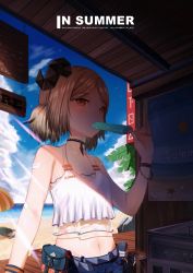 Rule 34 | 1girl, arknights, bad id, bad pixiv id, bare arms, bare shoulders, beach, blue sky, brown eyes, commentary request, crop top, day, eimea, food, hand up, holding, holding food, horns, ifrit (arknights), looking at viewer, midriff, navel, popsicle, pouch, short hair, silver hair, sky, solo, stomach, tank top, upper body, white tank top