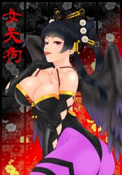 Rule 34 | ass, black background, black hair, black leotard, black wings, blunt bangs, breasts, character name, dead or alive, dead or alive 5, elbow gloves, feathered wings, floral background, gloves, hair ornament, hair stick, highres, hime cut, large breasts, leggings, leotard, looking at viewer, makeup, mole, mole under mouth, nyotengu, pantyhose, purple eyes, red background, rope, sk (sk-g), sliding doors, tongue, tongue out, twitter username, two-tone background, wings