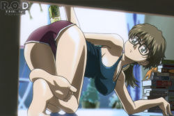 Rule 34 | 00s, 1girl, all fours, armpits, ass, bare shoulders, barefoot, book, bottle, breasts, brown hair, cameltoe, cleavage, feet, frog, from behind, glasses, green eyes, halterneck, ishihama masashi, large breasts, long legs, looking back, micro shorts, no bra, official art, ponytail, r.o.d the tv, read or die, short shorts, shorts, sideboob, soles, solo, stuffed animal, stuffed toy, sumiregawa nenene, swimsuit, tank top