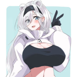 Rule 34 | 1girl, :d, animal ears, arknights, aurora (arknights), aurora (elite ii) (arknights), bear ears, bear girl, black gloves, black hairband, black tube top, blue background, blue eyes, breasts, cleavage, cropped jacket, extra ears, eyes visible through hair, gloves, hair ornament, hair over one eye, hairband, hairclip, hand up, jacket, large breasts, long sleeves, maiq06, navel, open mouth, simple background, smile, solo, strapless, tube top, two-tone background, upper body, v, white background, white hair, white jacket