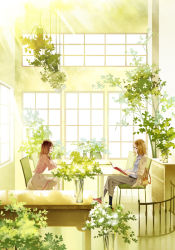 Rule 34 | 2girls, ^ ^, book, closed eyes, crossed legs, day, glass, indoors, light rays, looking at another, multiple girls, open book, open mouth, original, plant, potted plant, profile, psd, railing, reading, sitting, sunlight, table, transparent, vase, window